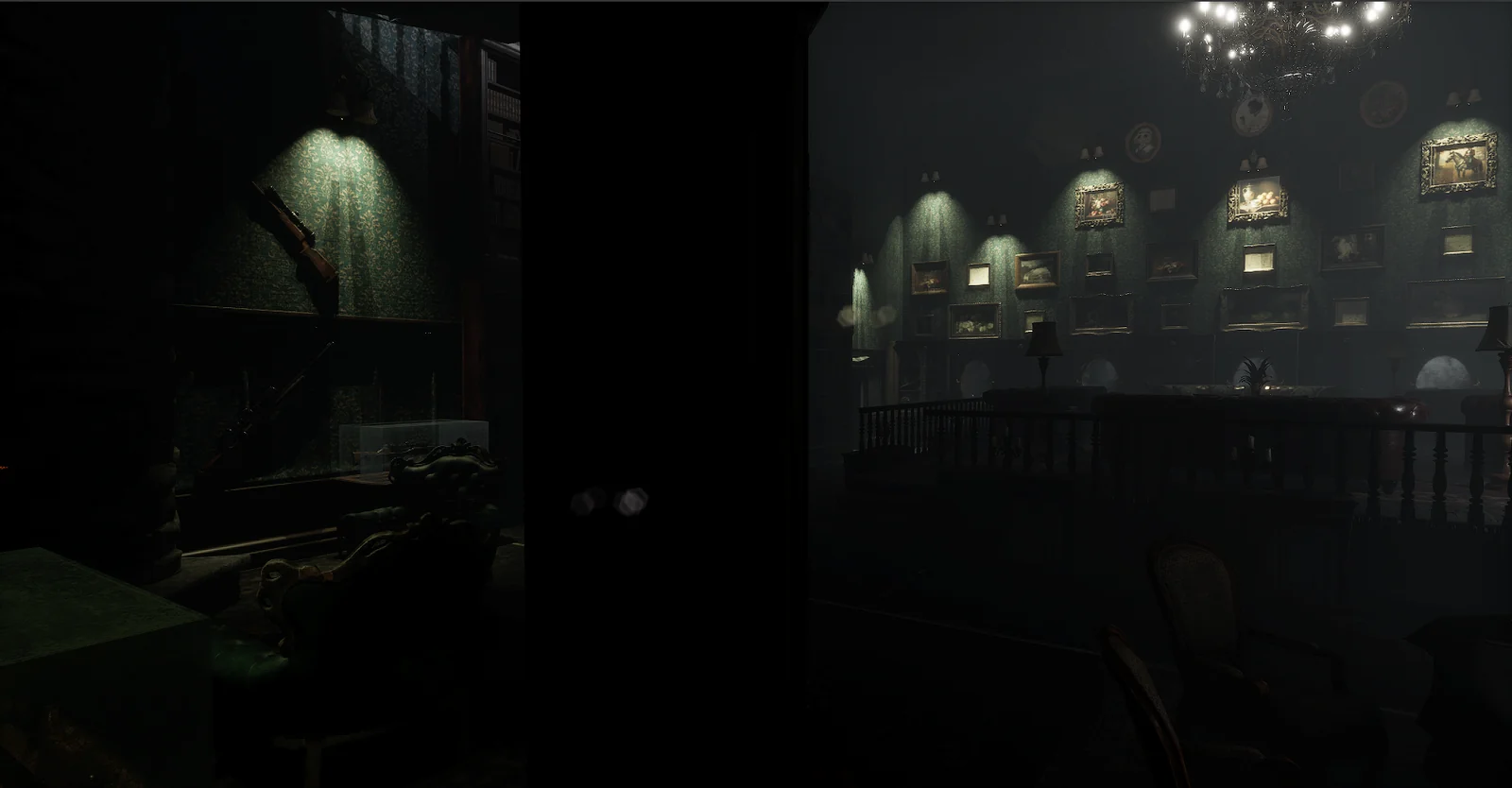 A shadowy gallery lined with portraits and chandeliers.