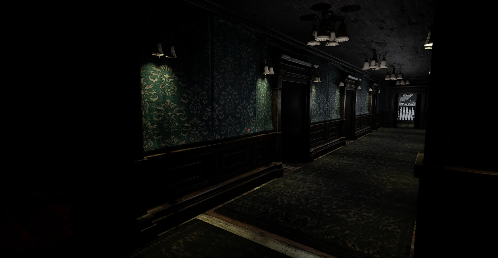 A long empty corridor with dim lamps and ornate wallpaper.