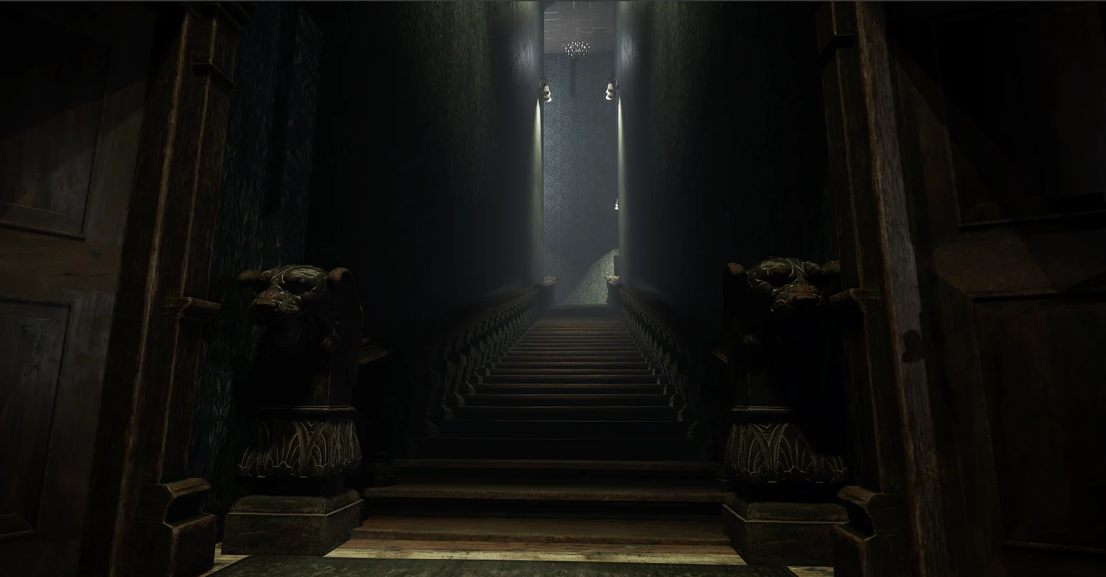 A steep staircase disappearing into darkness, with a single shaft of light above.